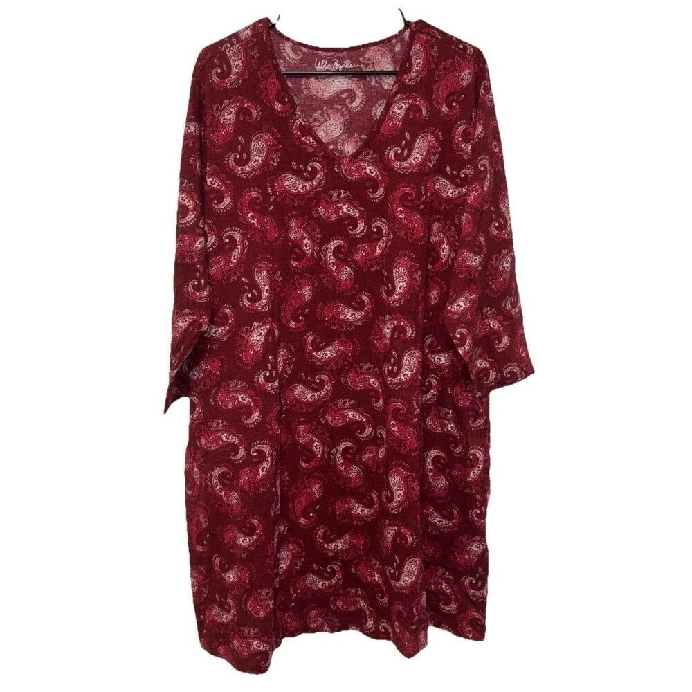 Ulla Popken Women Dress Red Paisley 20 22 Pockets Cotton V Neck 3/4 Sleeve
